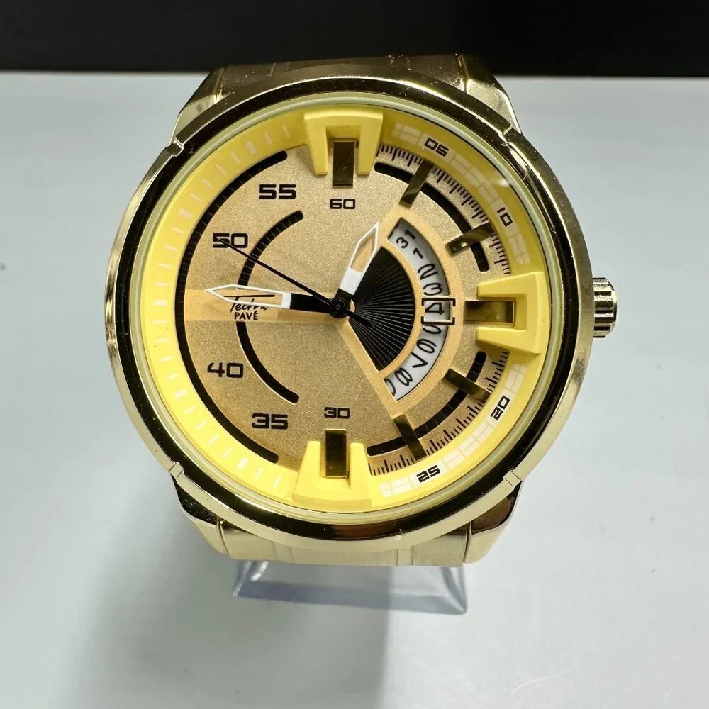 Techno Pave Watch Men Gold Tone Date Window 46MM Case New Battery 7.25